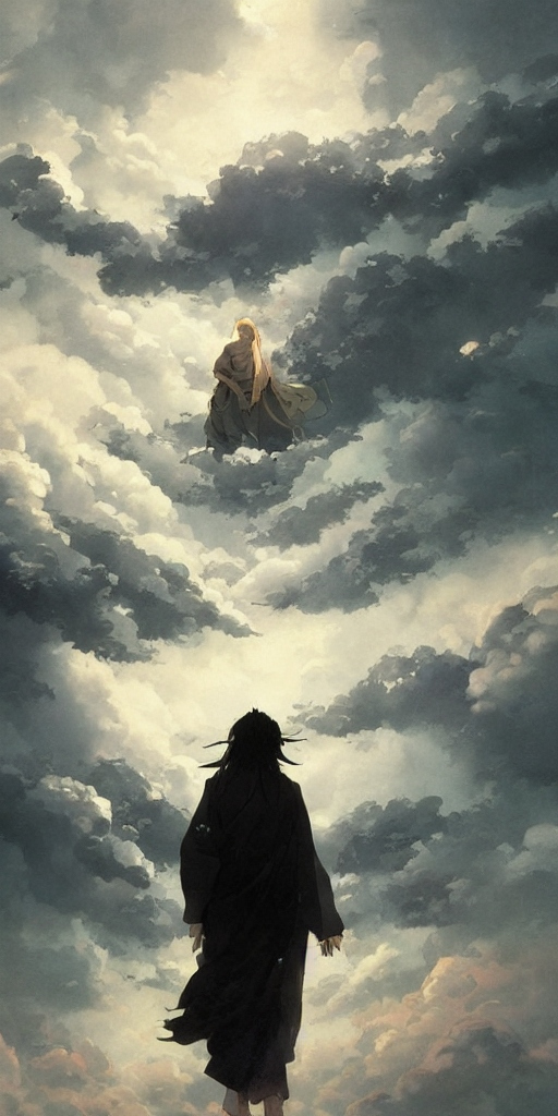 schwarzer Samurai blickt in die Wolken und sieht schemenhaft einen Mann in weißem Gewand mit sehr langen Haaren.